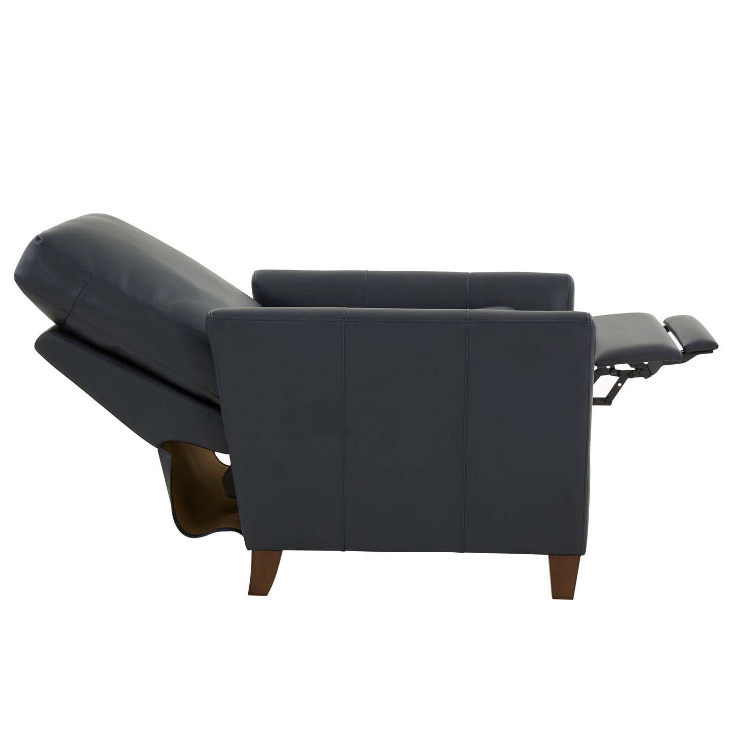 A side view of the Pablo - Modern Recliner With Manual Recline in dark gray, featuring wooden legs, shown fully reclined with the footrest extended.
