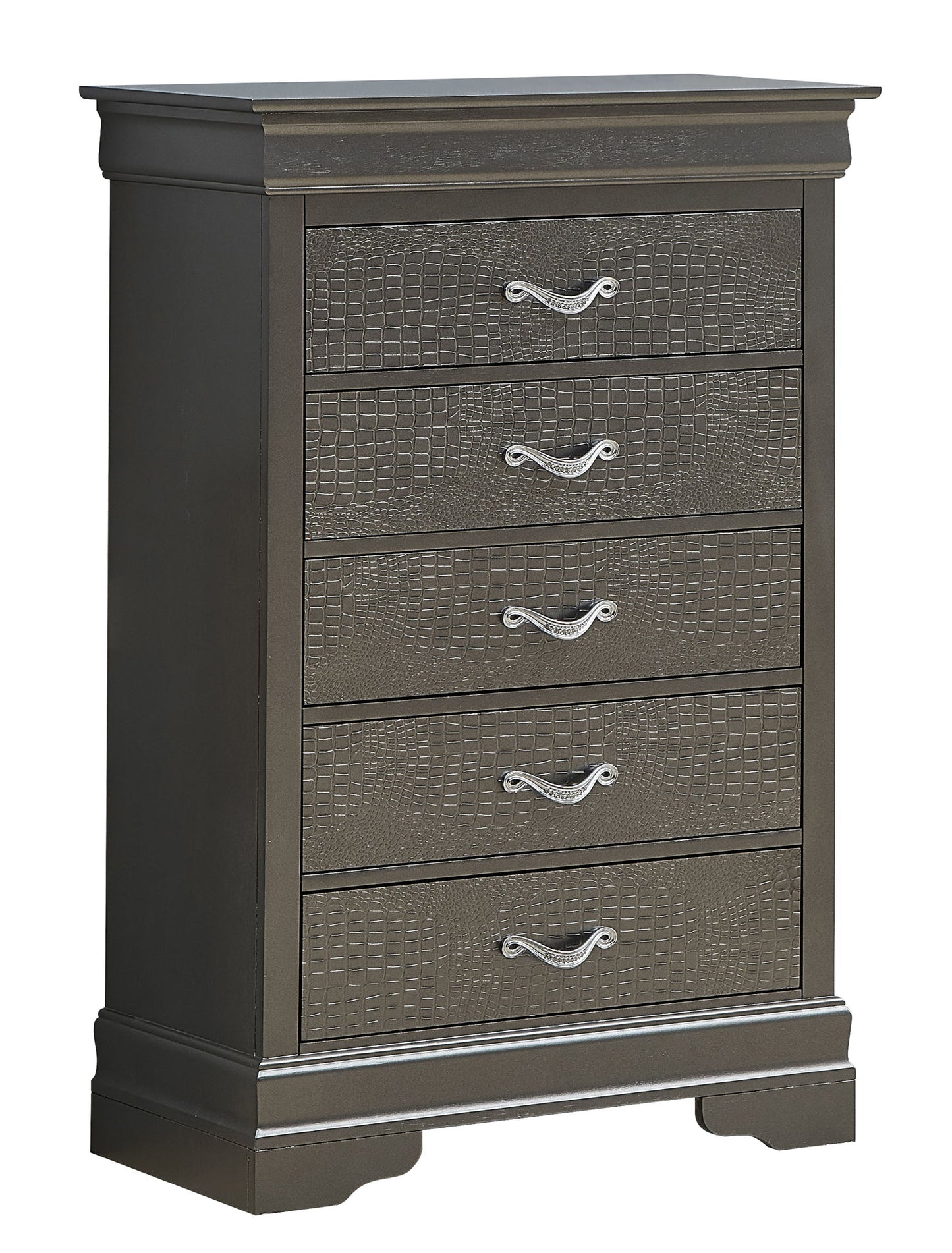 The Sleek Transitional Chest - Metal Black is a dark brown dresser with five drawers, each with a textured front and curved silver handle, plus a decorative base and flat top.