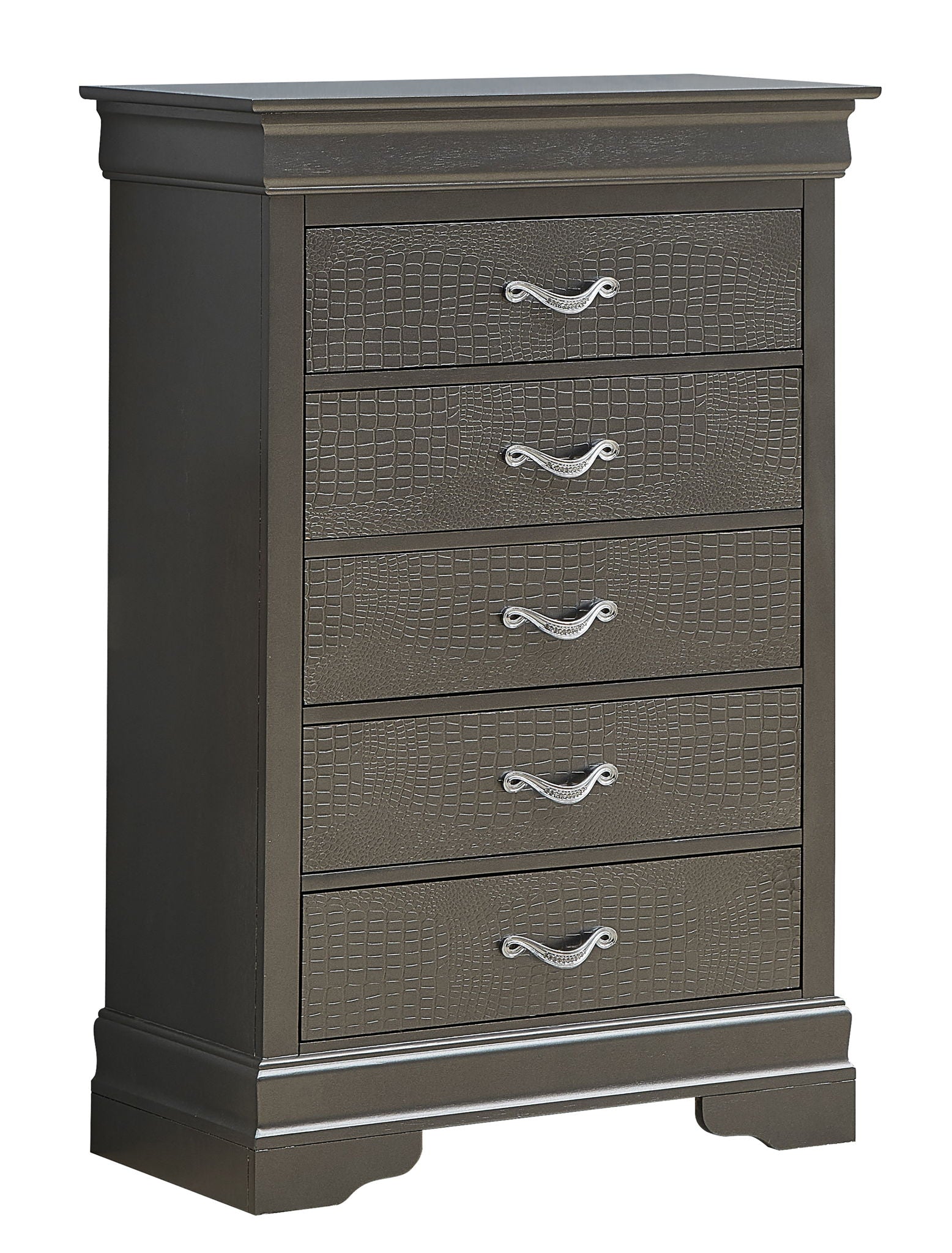 The Sleek Transitional Chest - Metal Black is a dark brown dresser with five drawers, each with a textured front and curved silver handle, plus a decorative base and flat top.