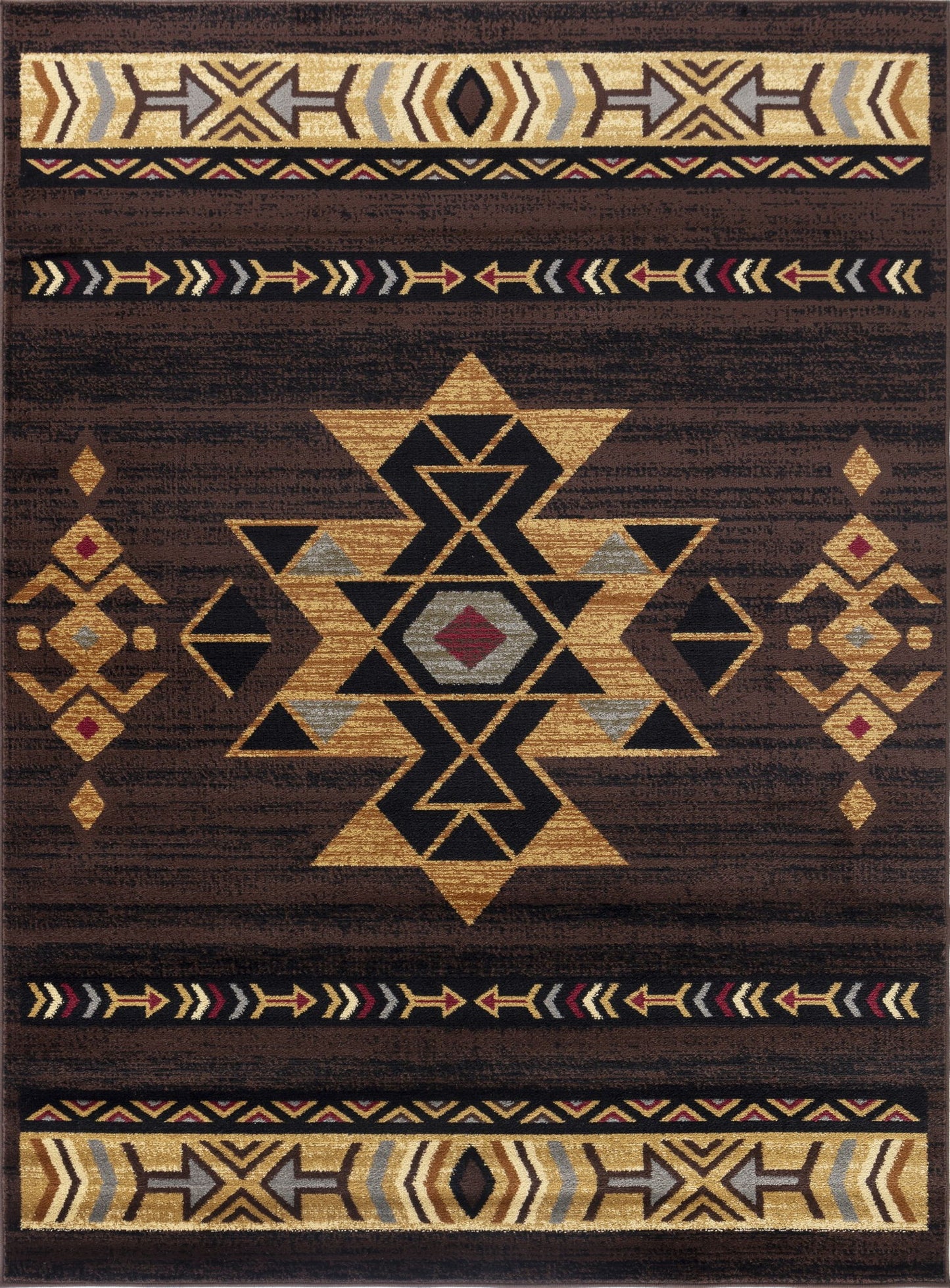 The Tribes - GC_YLS4005 Southwest Area Rug features a central diamond motif with gold, black, gray, and red tribal geometric patterns. Smaller symmetrical designs and arrow-accented zigzag borders complete its rectangular look.