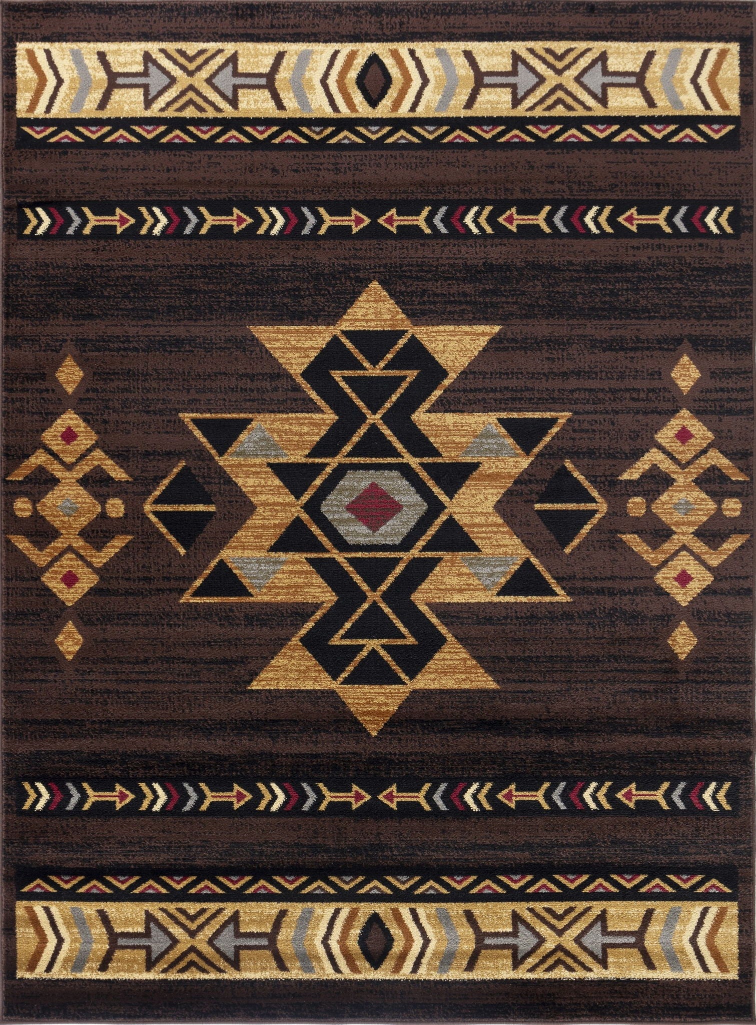 The Tribes - GC_YLS4005 Southwest Area Rug features a central diamond motif with gold, black, gray, and red tribal geometric patterns. Smaller symmetrical designs and arrow-accented zigzag borders complete its rectangular look.