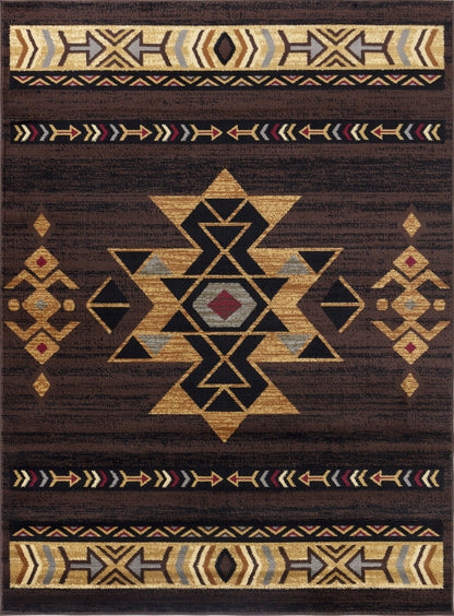 The Tribes - GC_YLS4005 Southwest Area Rug features a central diamond motif with gold, black, gray, and red tribal geometric patterns. Smaller symmetrical designs and arrow-accented zigzag borders complete its rectangular look.