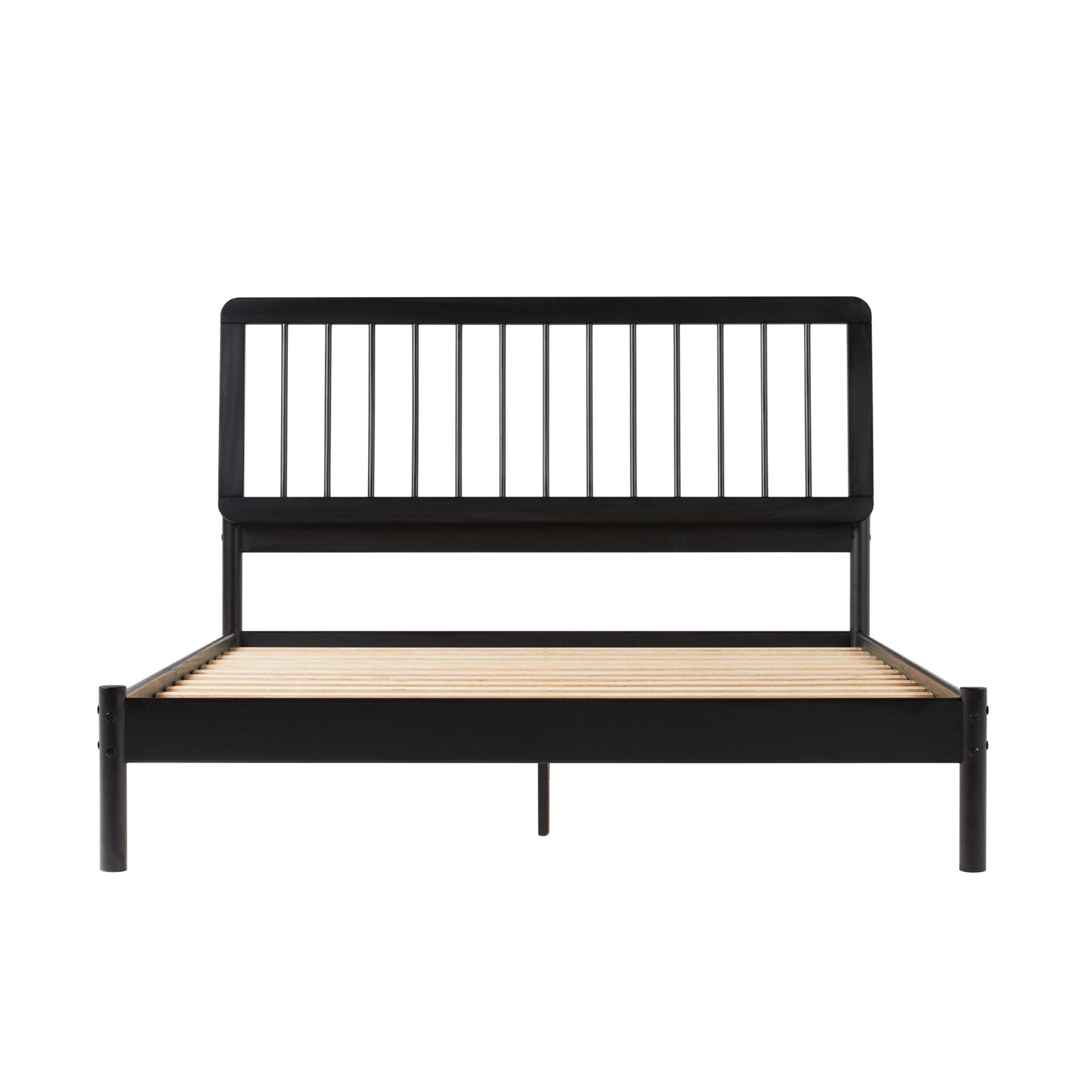 The Mid-Century Modern Solid Wood Spindle Bed features a black metal frame, slatted wooden base, and a vertical slat headboard, shown from the front against a white background.
