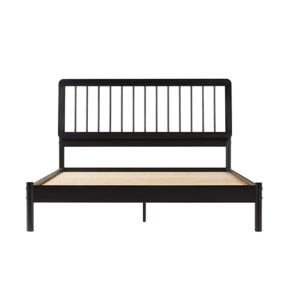 The Mid-Century Modern Solid Wood Spindle Bed features a black metal frame, slatted wooden base, and a vertical slat headboard, shown from the front against a white background.