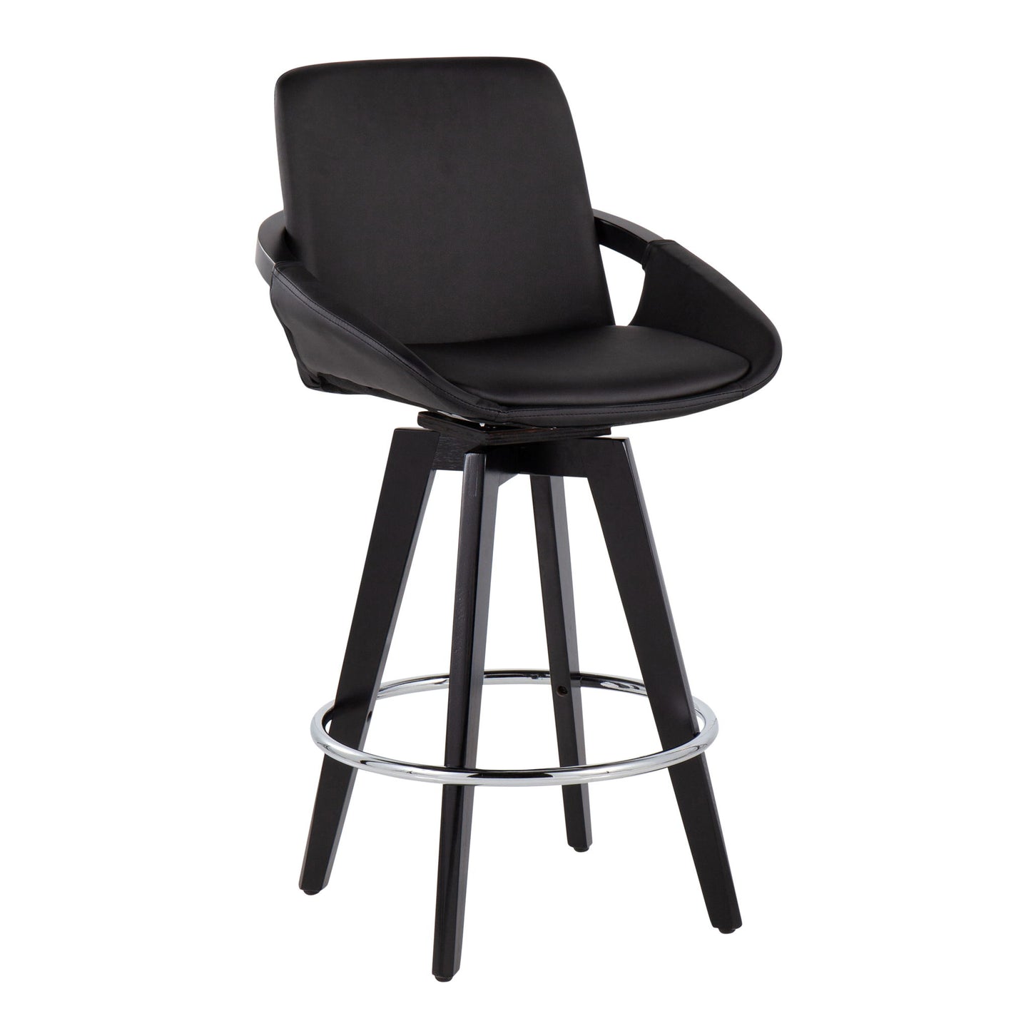 The Cosmo Contemporary Fixed Height Counter Stool (Set of 2) features a cushioned seat and backrest, wooden legs, swivel design, round chrome footrest, and angled armrests for a sleek, modern look.