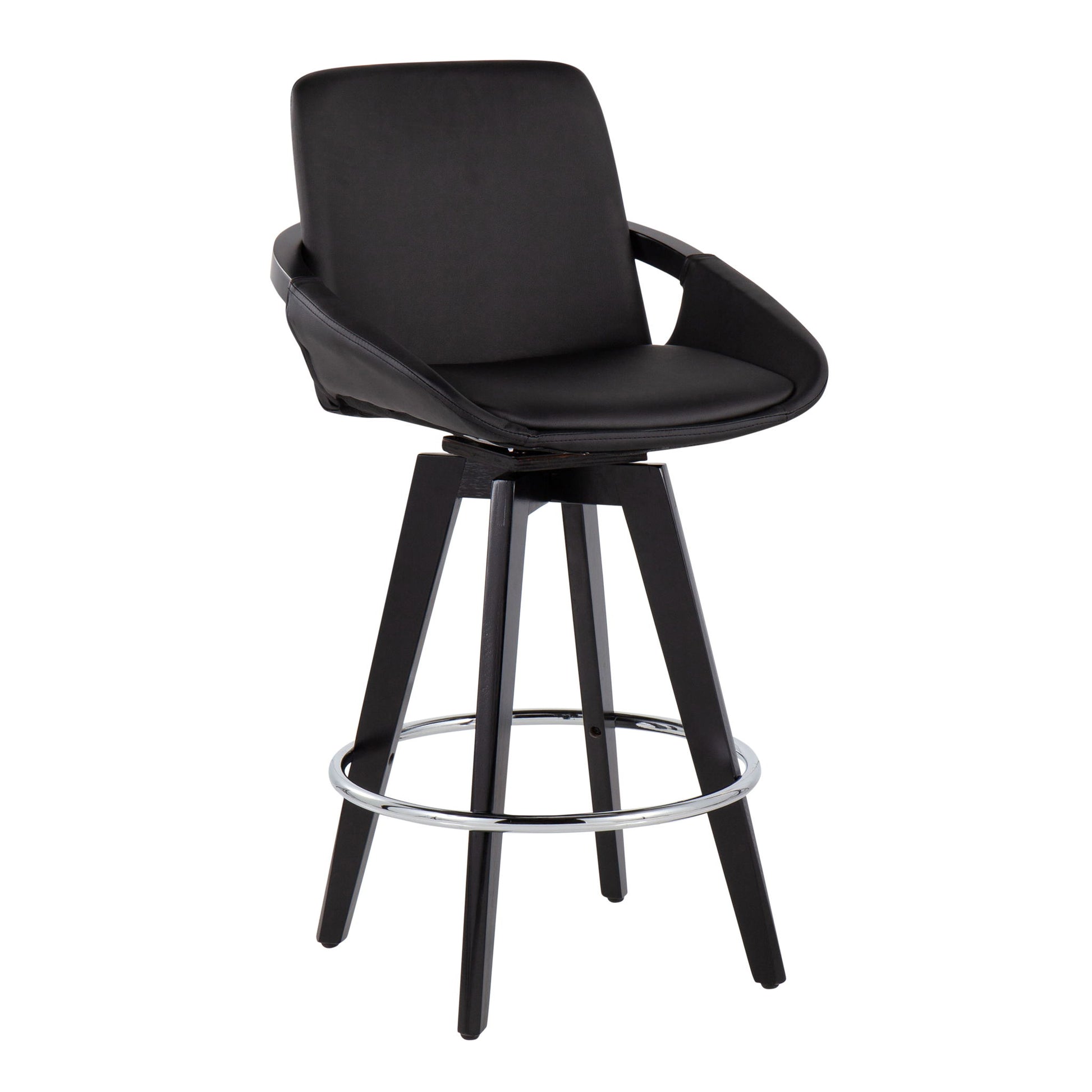 The Cosmo Contemporary Fixed Height Counter Stool (Set of 2) features a cushioned seat and backrest, wooden legs, swivel design, round chrome footrest, and angled armrests for a sleek, modern look.
