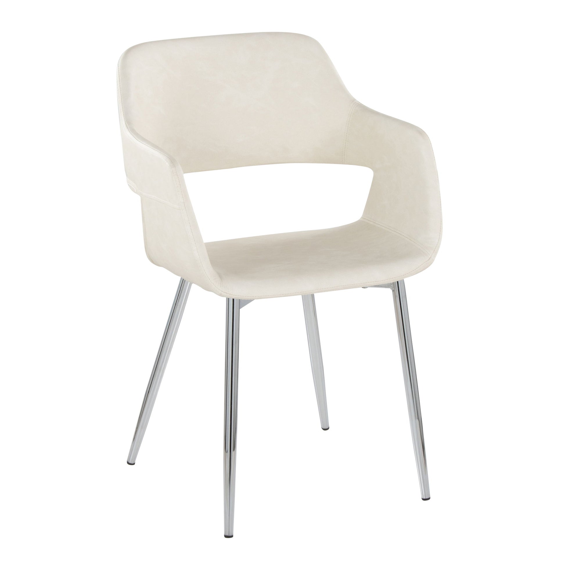 The Margarite Contemporary Dining Chair (Set of 2) features a modern design with white upholstered seat and backrest, a lower back cutout, and slim metal legs.