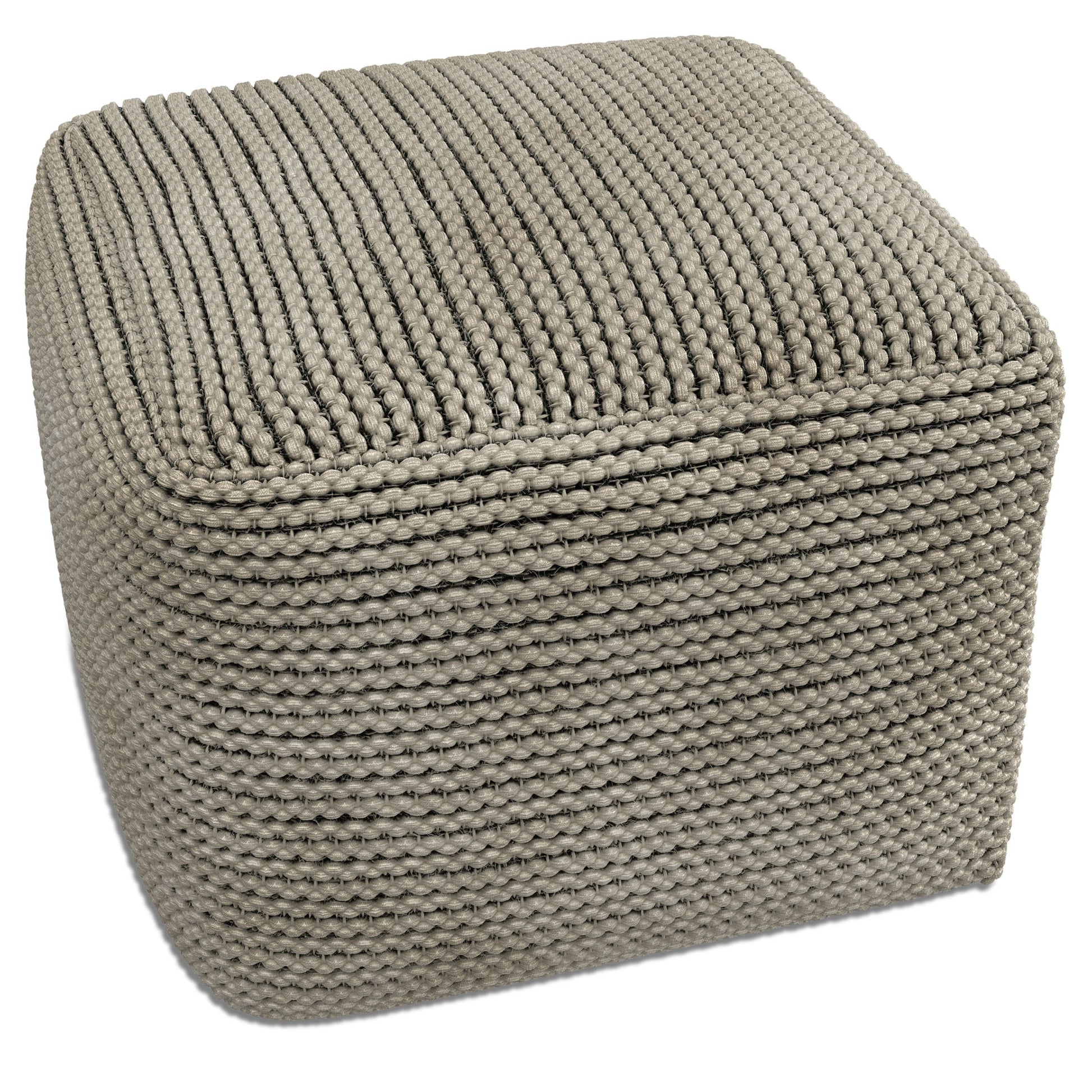 The Eastmont Outdoor/Indoor Pouf in cream features a square, knitted design with a textured woven pattern and rounded edges, shown against a white background.
