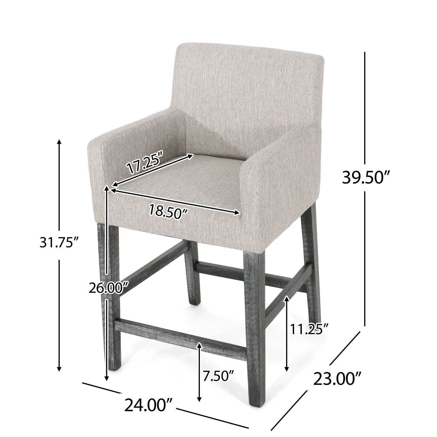 The Charmed Upholstered Counter Stool features a grey fabric, low back, round arms, and H frame base. Dimensions: height 39.5", seat height 26", width 24", depth 23", seat depth 18.5", seat width 17.25", arm height 31.75".