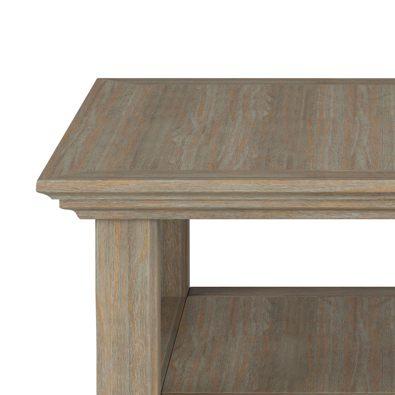A close-up of the Acadian - Handcrafted End Table featuring a rectangular top, square legs, and a lower shelf. The light, weathered wood finish highlights visible grain patterns.