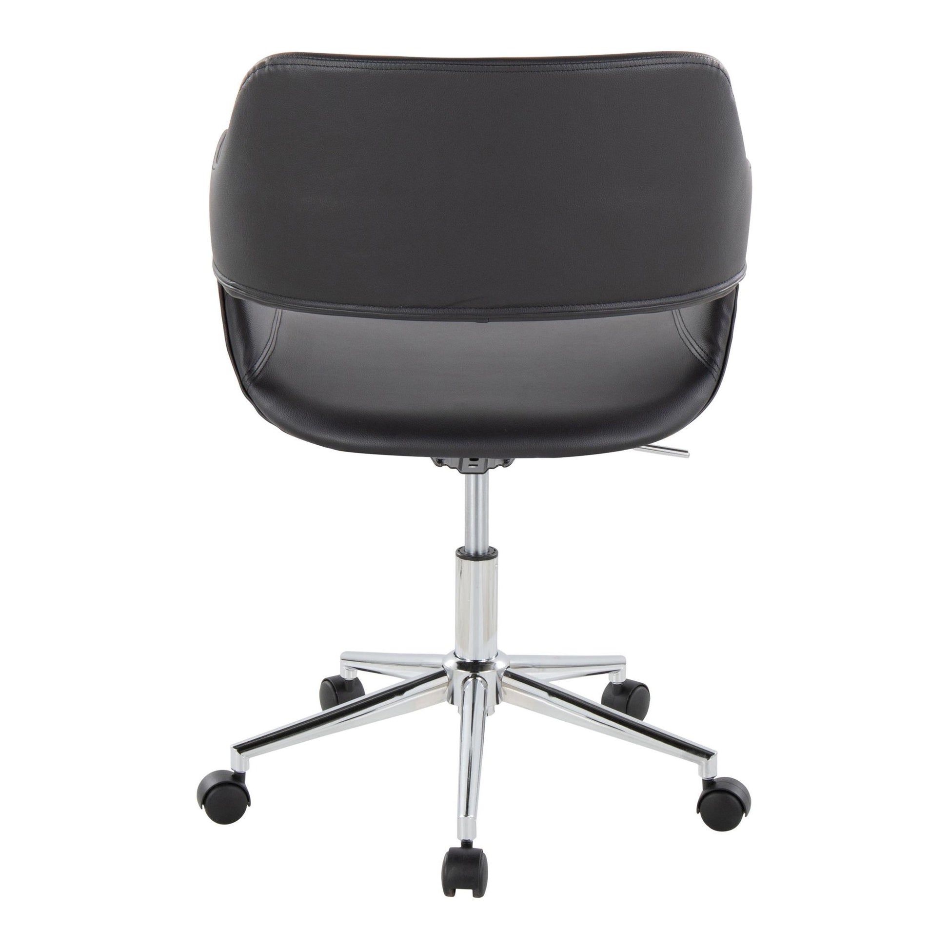 The Margarite - Contemporary Office Task Chair features a black curved backrest, chrome base, and five wheels, shown from behind against a white background.