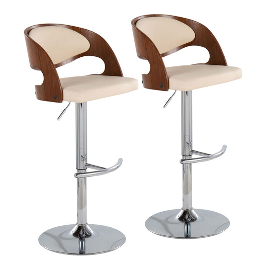 The Pino Mid Century Modern Adjustable Barstool features a beige cushioned seat, curved wooden backrest, and shiny chrome pedestal base with footrest and swivel.