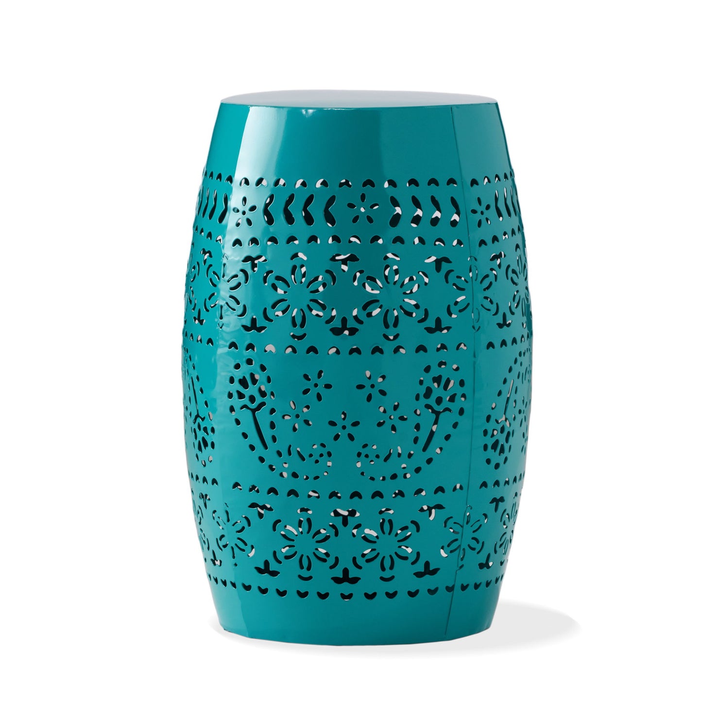 The 12" Outdoor Lace Cut Side Table is a glossy turquoise ceramic stool with detailed cut-out floral and geometric designs, a barrel-shaped body, and a smooth flat top.