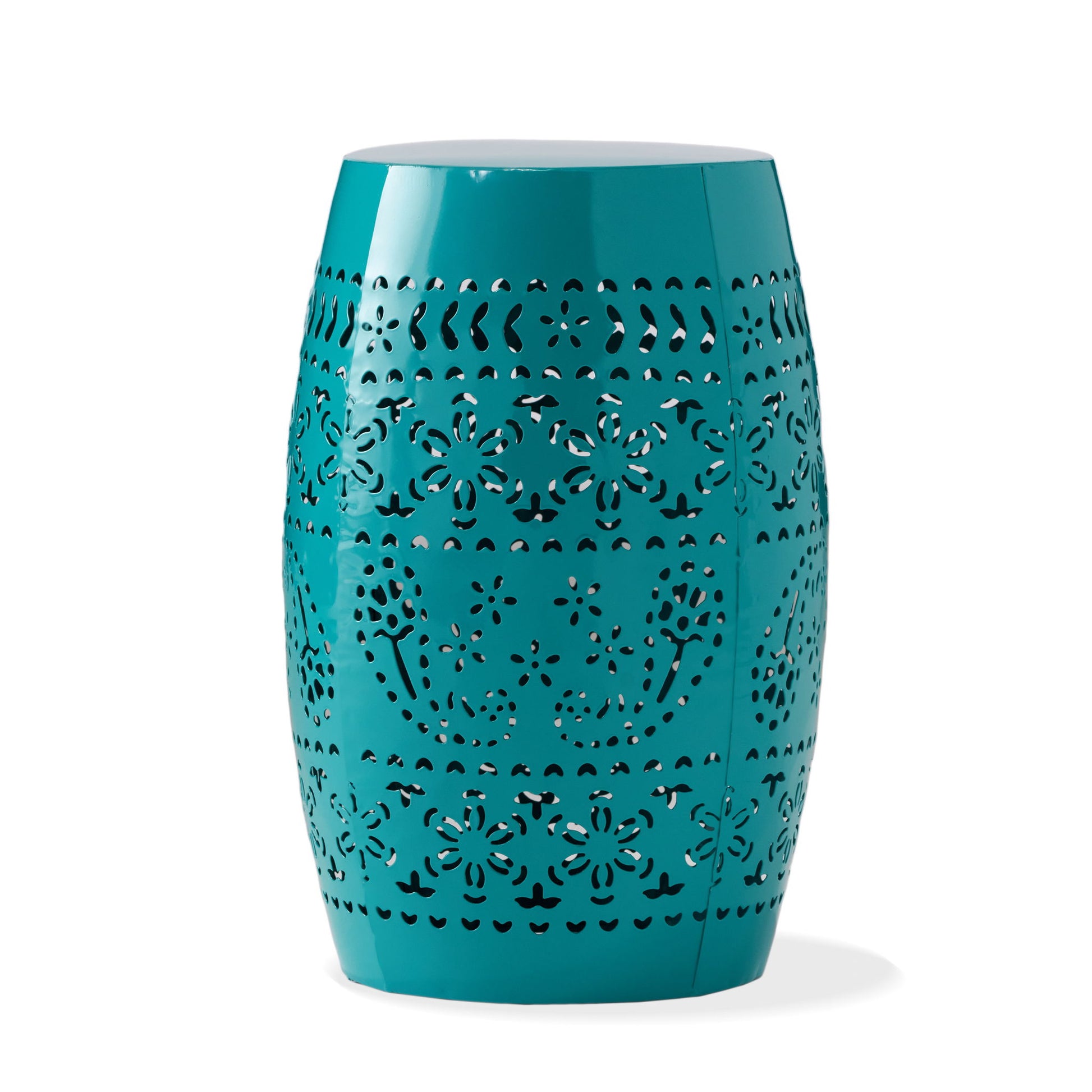 The 12" Outdoor Lace Cut Side Table is a glossy turquoise ceramic stool with detailed cut-out floral and geometric designs, a barrel-shaped body, and a smooth flat top.