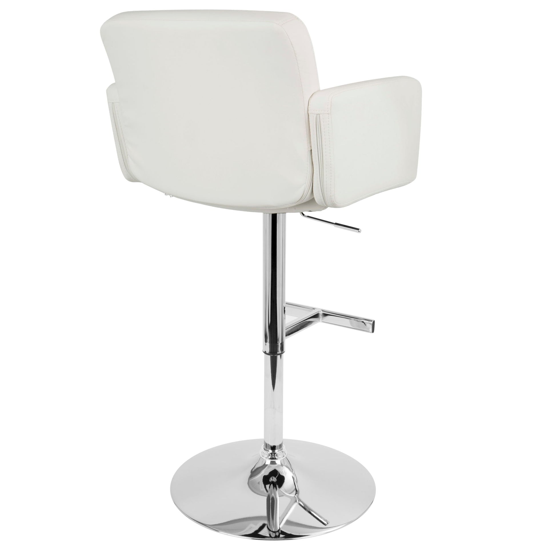 The Stout Contemporary Adjustable Barstool With Swivel is shown from the back, featuring a modern white finish, cushioned backrest and armrests, a chrome metal base, and an adjustable height lever.