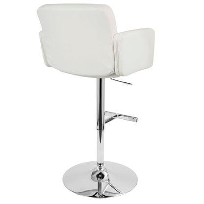 The Stout Contemporary Adjustable Barstool With Swivel is shown from the back, featuring a modern white finish, cushioned backrest and armrests, a chrome metal base, and an adjustable height lever.