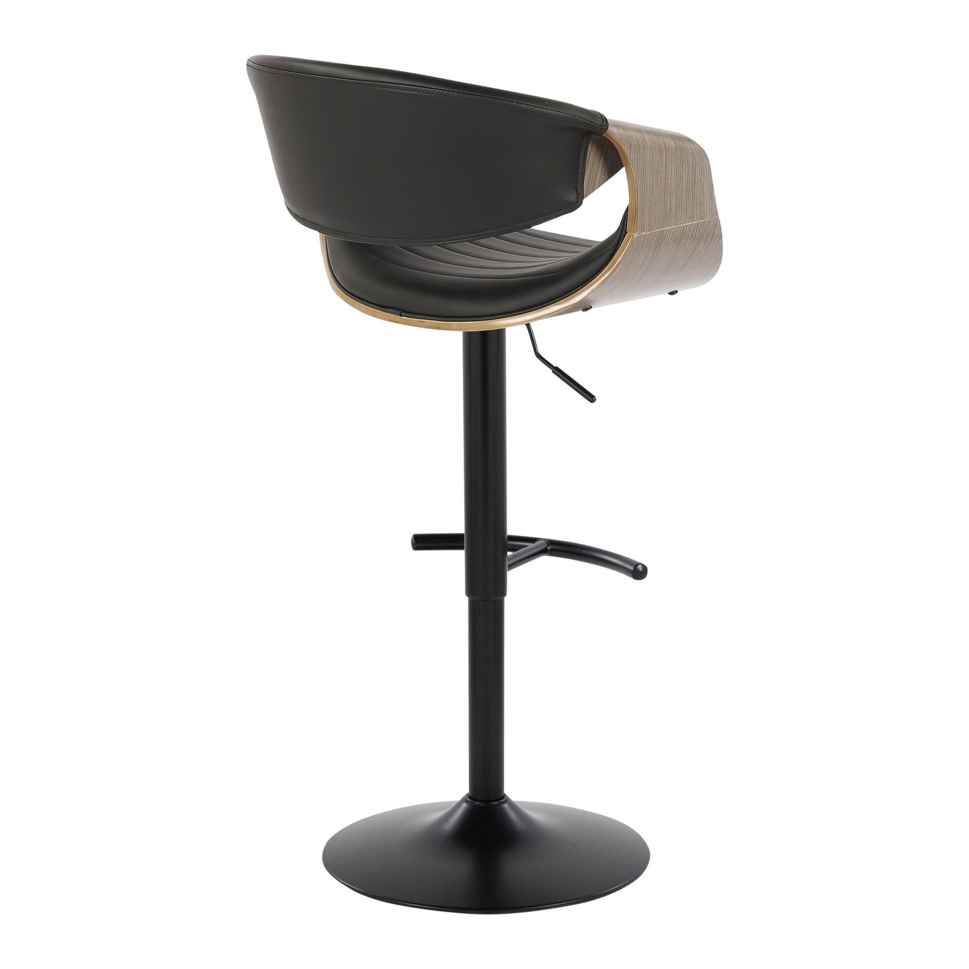 The Symphony barstool set features black cushioned seats, curved wooden backrests, gold trim, and metal pedestal bases with adjustable height and rounded T footrests. Shown from the rear. Set of 2, mid-century modern design.