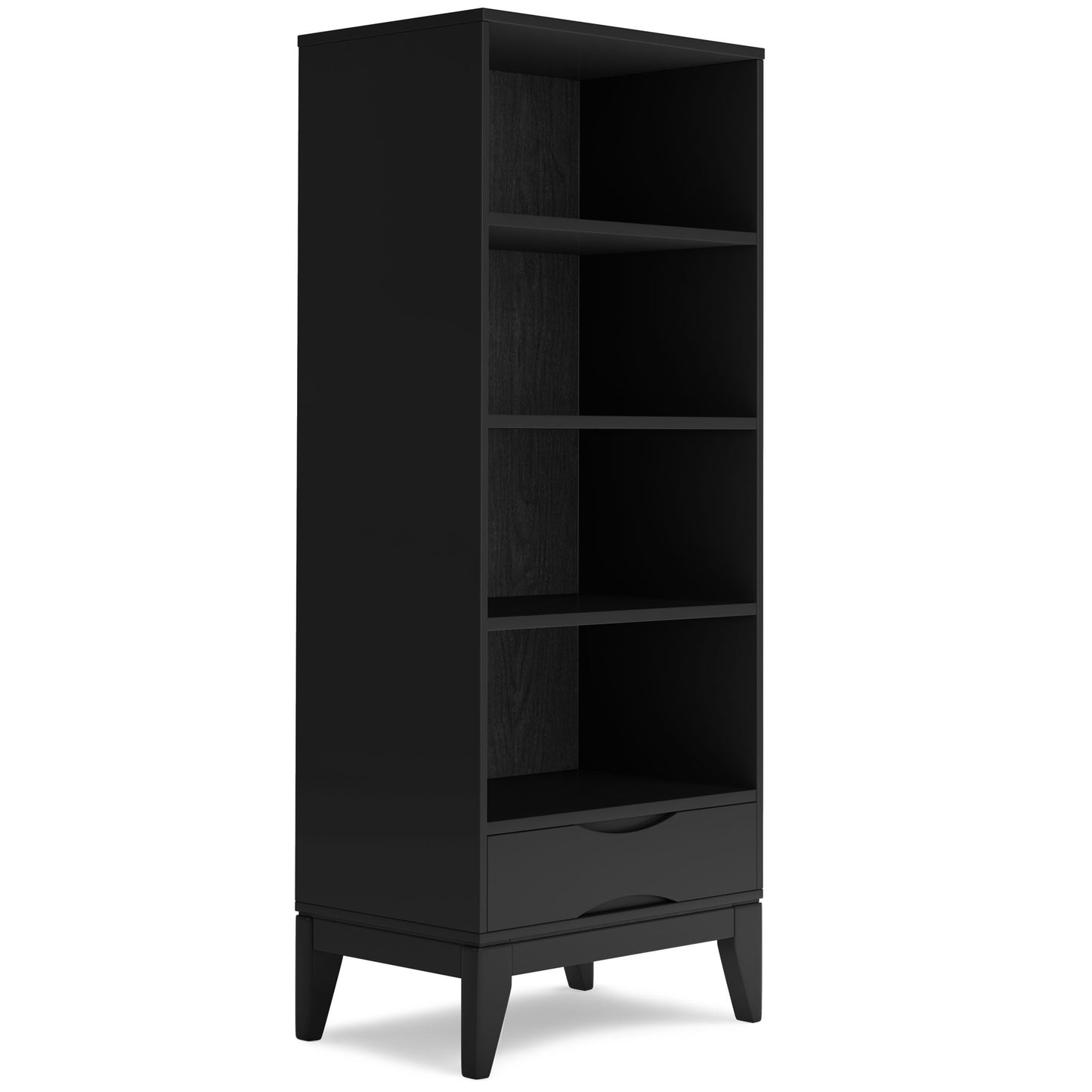 The Harper - Handcrafted Bookcase With Storage is a tall black wooden bookshelf featuring three open shelves, a closed bottom shelf, two drawers, and four angled legs.