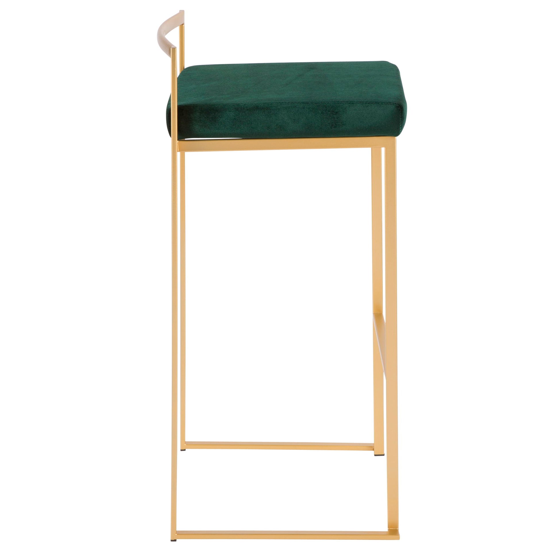 Side view of the Fuji - Contemporary / Glam & Quality Construction Barstool, featuring a gold metal frame, green upholstered seat, minimalistic geometric design, and low backrest.
