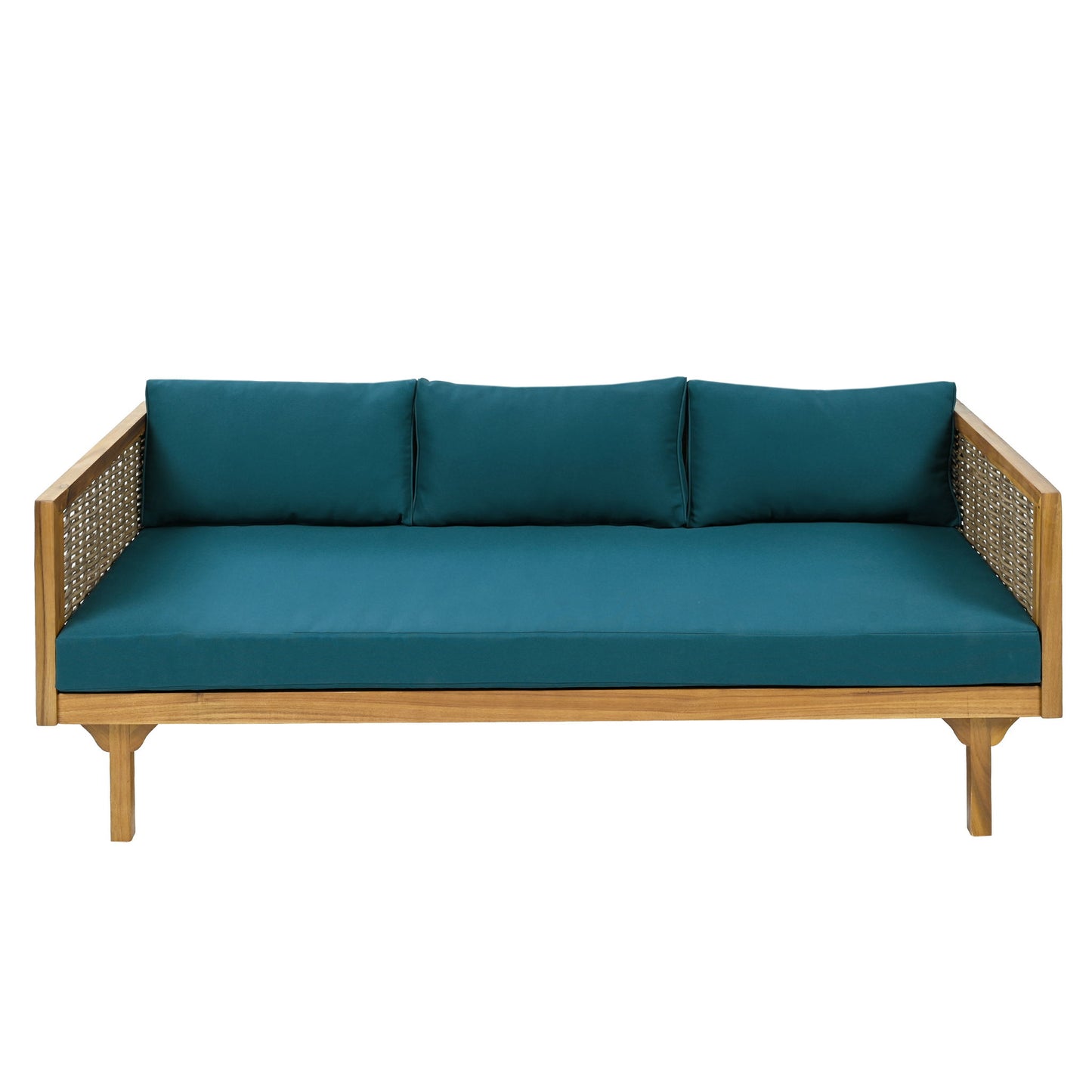 The Claremont 3 Seater Daybed features a teak acacia wood frame with woven rattan sides and teal blue water-resistant cushions—three for the back and one long seat cushion—displayed against a white background.