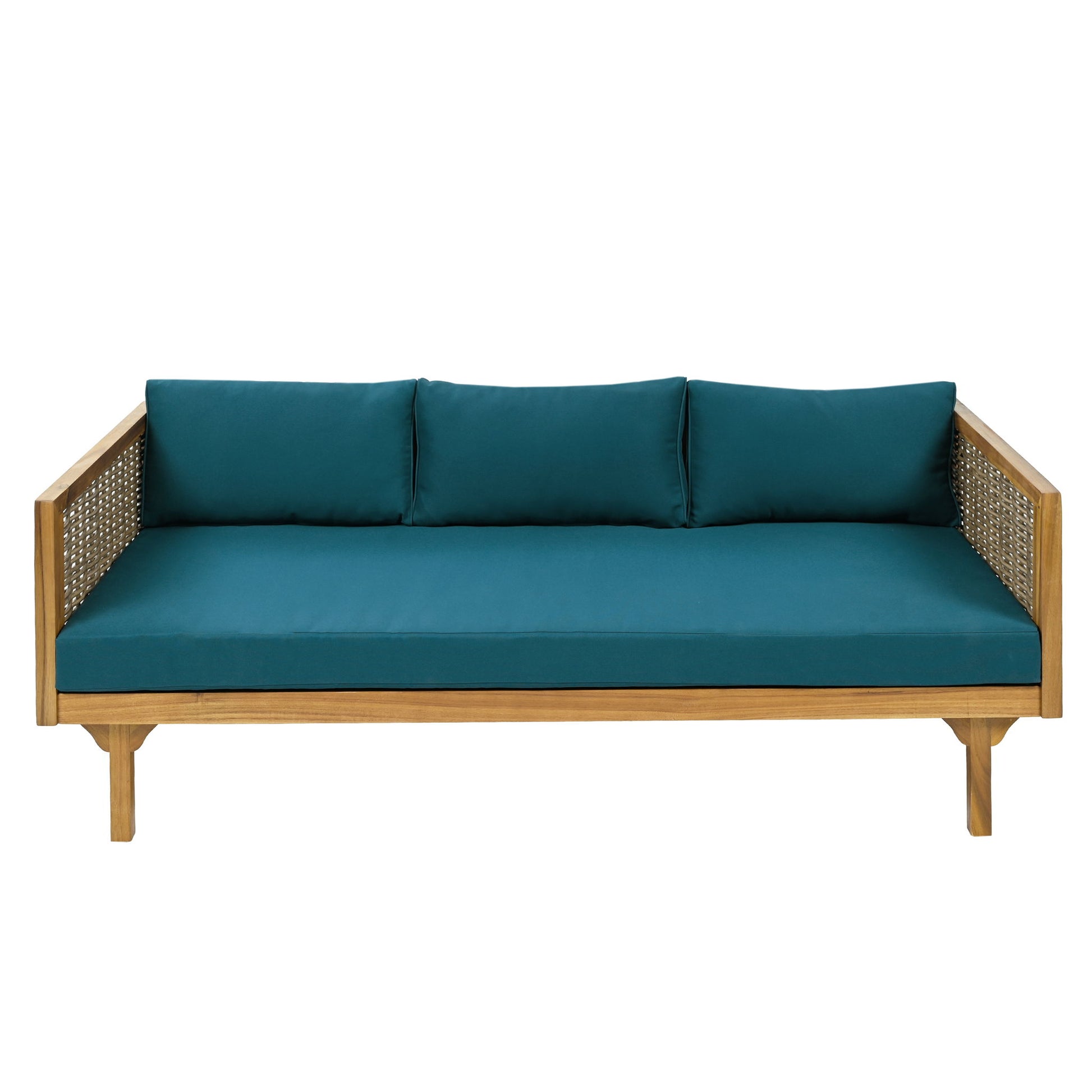 The Claremont 3 Seater Daybed features a teak acacia wood frame with woven rattan sides and teal blue water-resistant cushions—three for the back and one long seat cushion—displayed against a white background.