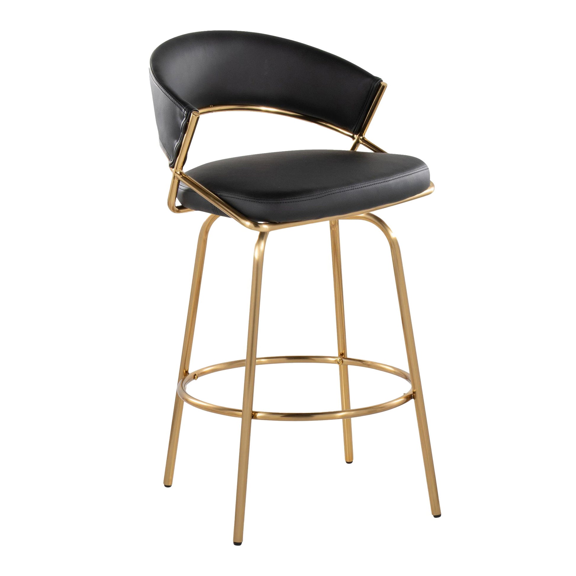 The Jie - Glam Fixed Height Counter Stool (Set of 2) features a modern design with black cushioned seat and backrest, a curved open back, and stylish gold metal legs with footrest.