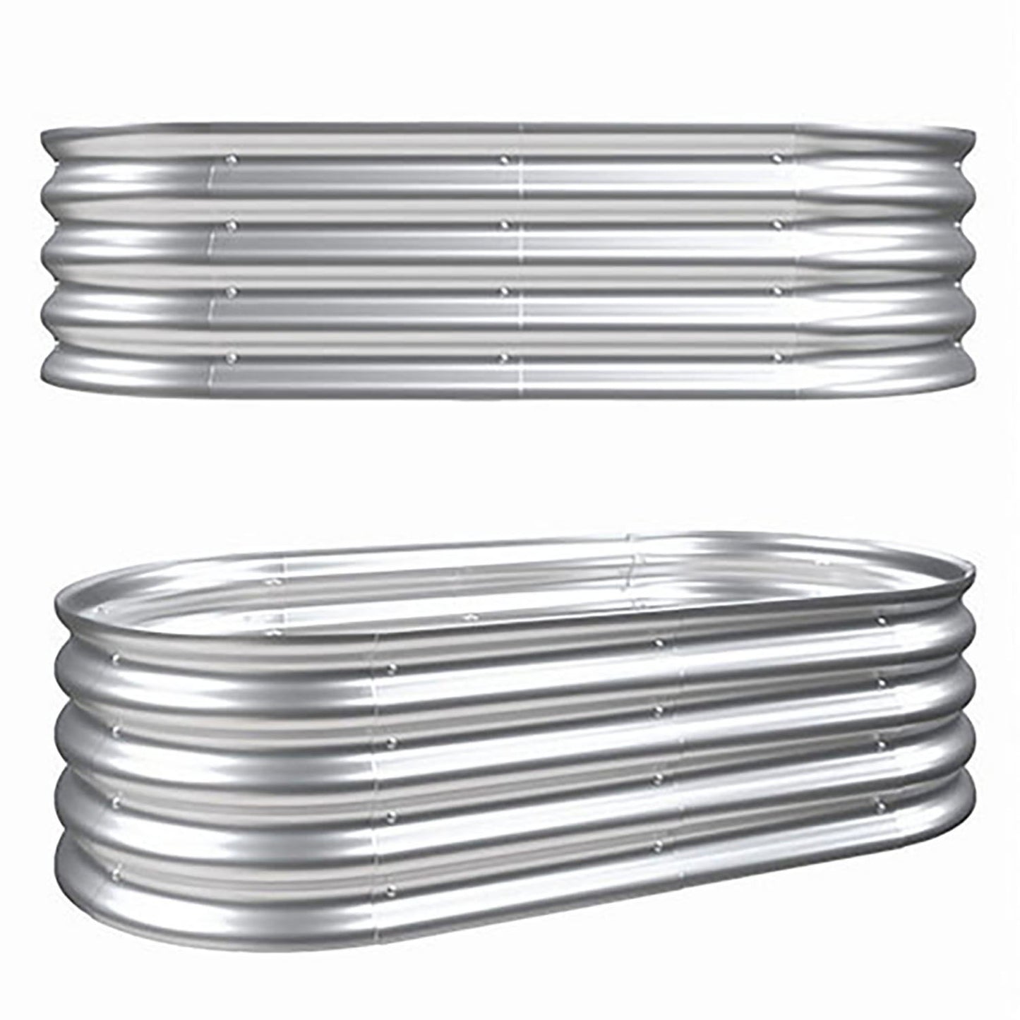 Two large, oval Heavy Duty Galvanized Raised Garden Bed Kits for vegetables, flowers & herbs with ribbed silver sides are displayed on a white background—one shown from the side, the other at an angle.