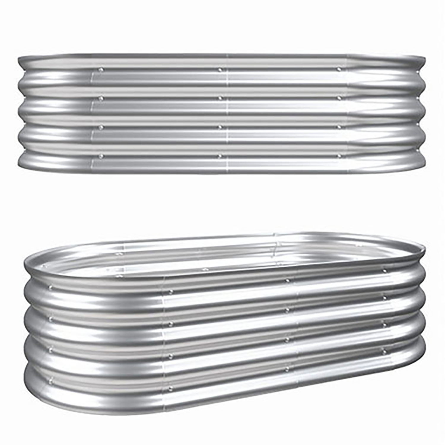 Two large, oval Heavy Duty Galvanized Raised Garden Bed Kits for vegetables, flowers & herbs with ribbed silver sides are displayed on a white background—one shown from the side, the other at an angle.