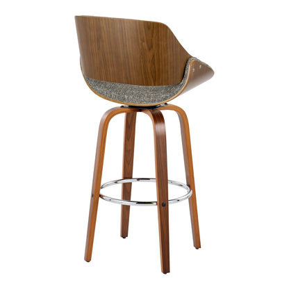 The Fabrizzi Mid Century Modern Fixed Height Barstool features a curved wooden backrest, gray upholstered seat, four wooden legs, and a circular chrome footrest. Shown from the back at a slight angle. Set of 2 with swivel function.