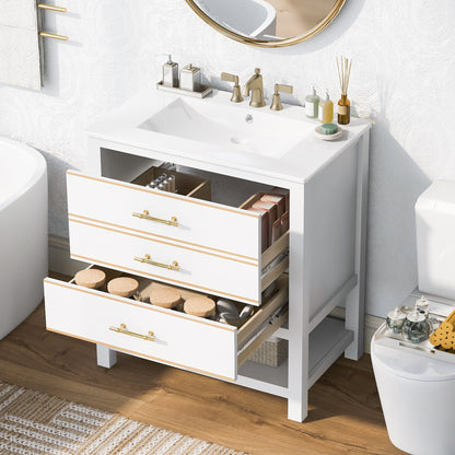 The Modern Bathroom Vanity Cabinet, Combo With Open Storage, features two neatly organized drawers for bottles and toiletries. Set beside a bathtub and toilet on a wood floor, it’s topped with a round mirror.