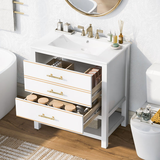 The Modern Bathroom Vanity Cabinet, Combo With Open Storage, features two neatly organized drawers for bottles and toiletries. Set beside a bathtub and toilet on a wood floor, it’s topped with a round mirror.