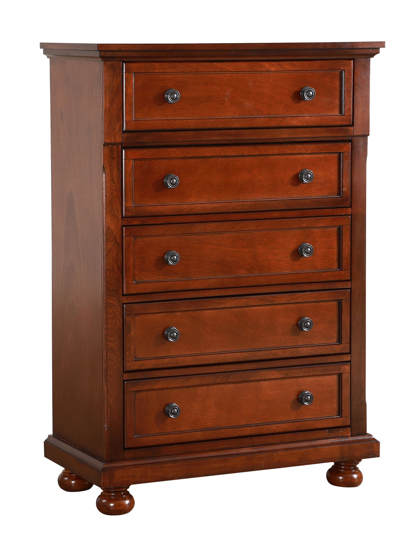 The Meade Chest in cherry features a polished wooden finish, five vertically stacked drawers with two round metal knobs each, and stands on four rounded legs.