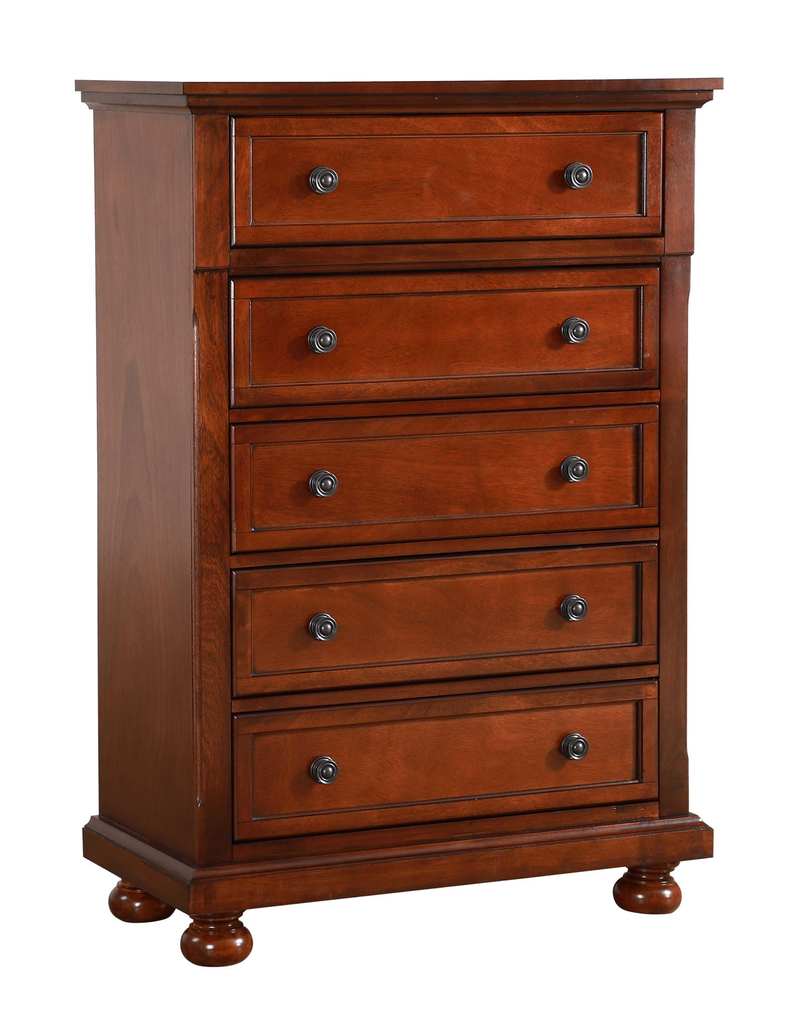 The Meade Chest in cherry features a polished wooden finish, five vertically stacked drawers with two round metal knobs each, and stands on four rounded legs.