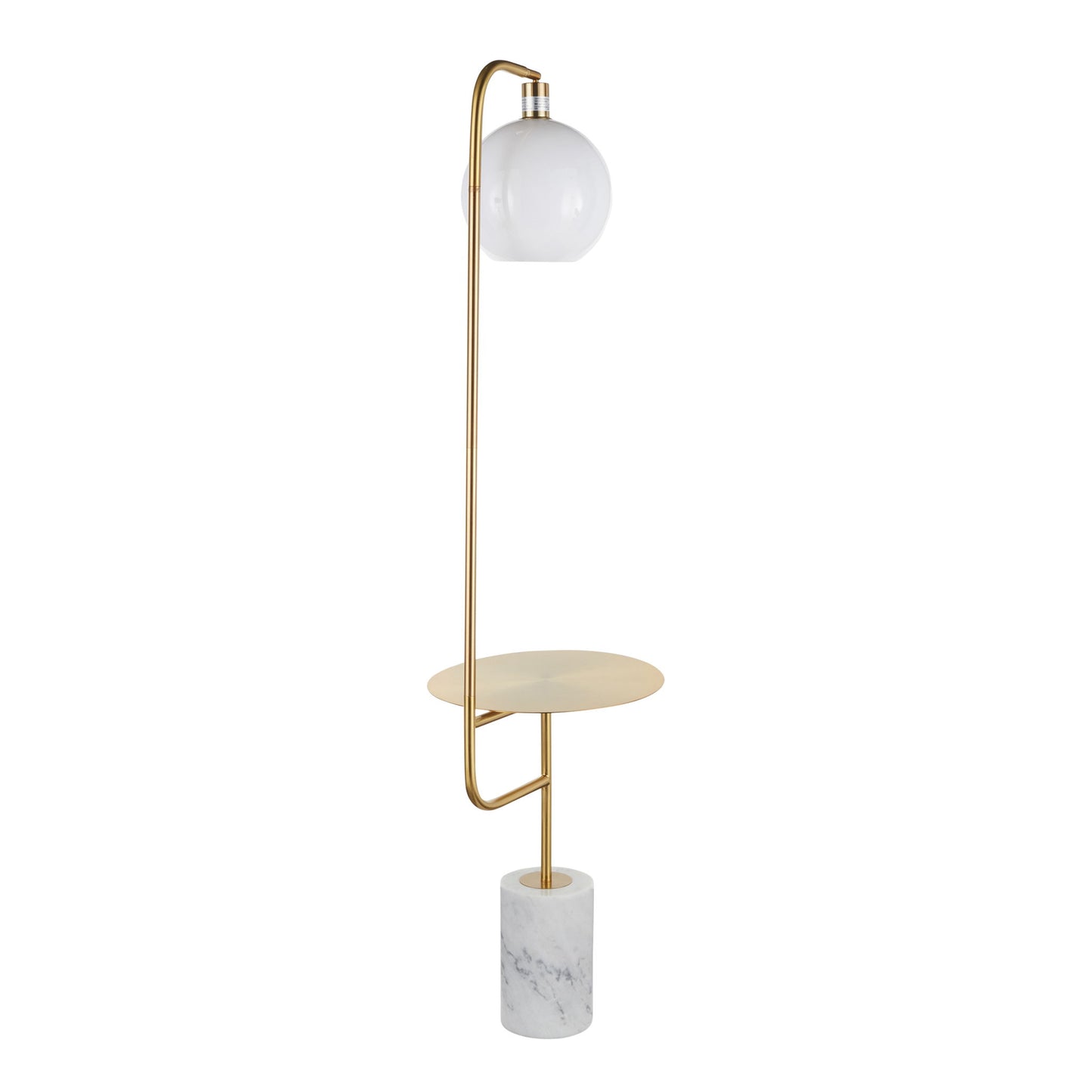 The Symbol - Contemporary / Glam Floor Lamp Side Table - White Marble features a gold metal frame, round white globe shade, small circular gold table midway, and a cylindrical white marble base.