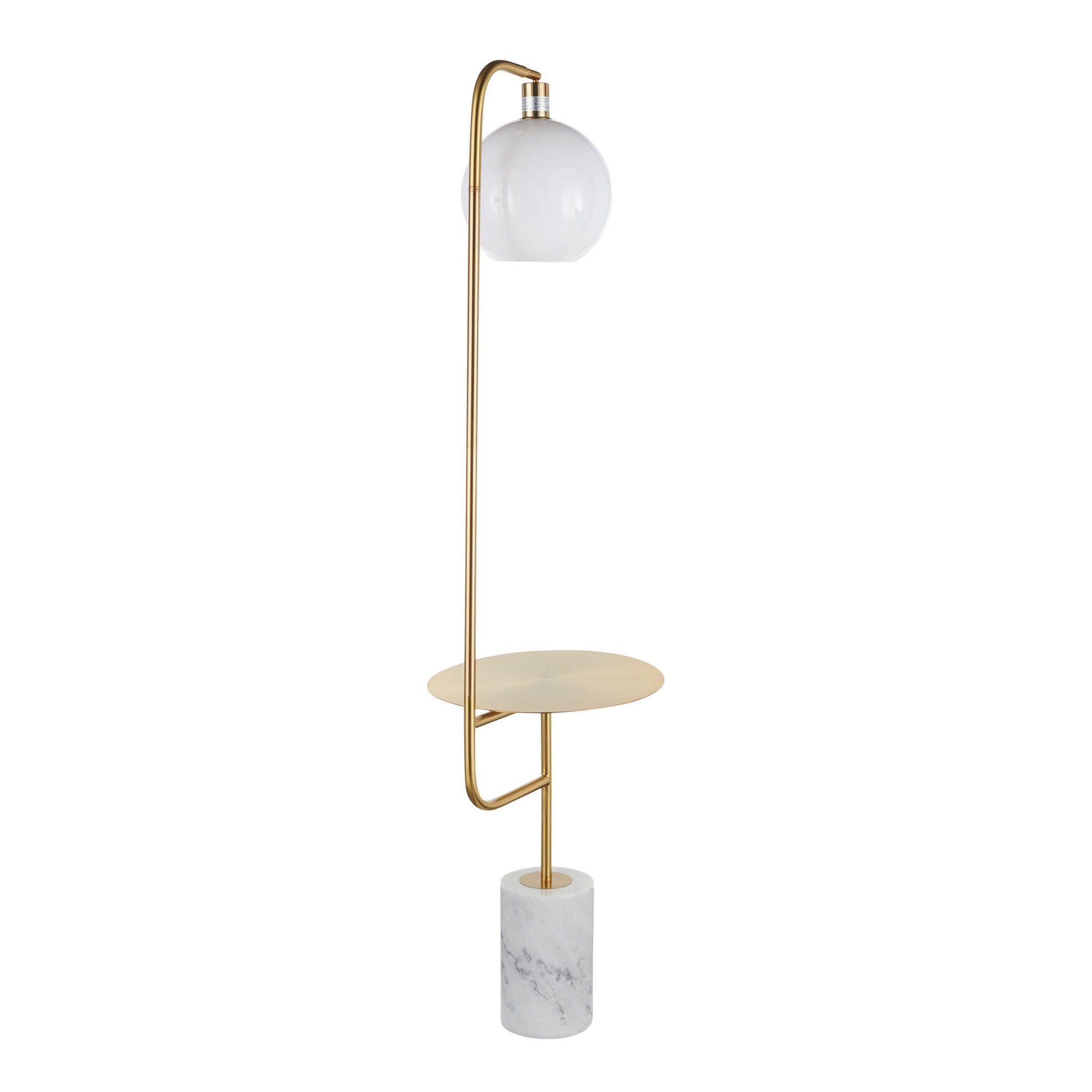 The Symbol - Contemporary / Glam Floor Lamp Side Table - White Marble features a gold metal frame, round white globe shade, small circular gold table midway, and a cylindrical white marble base.