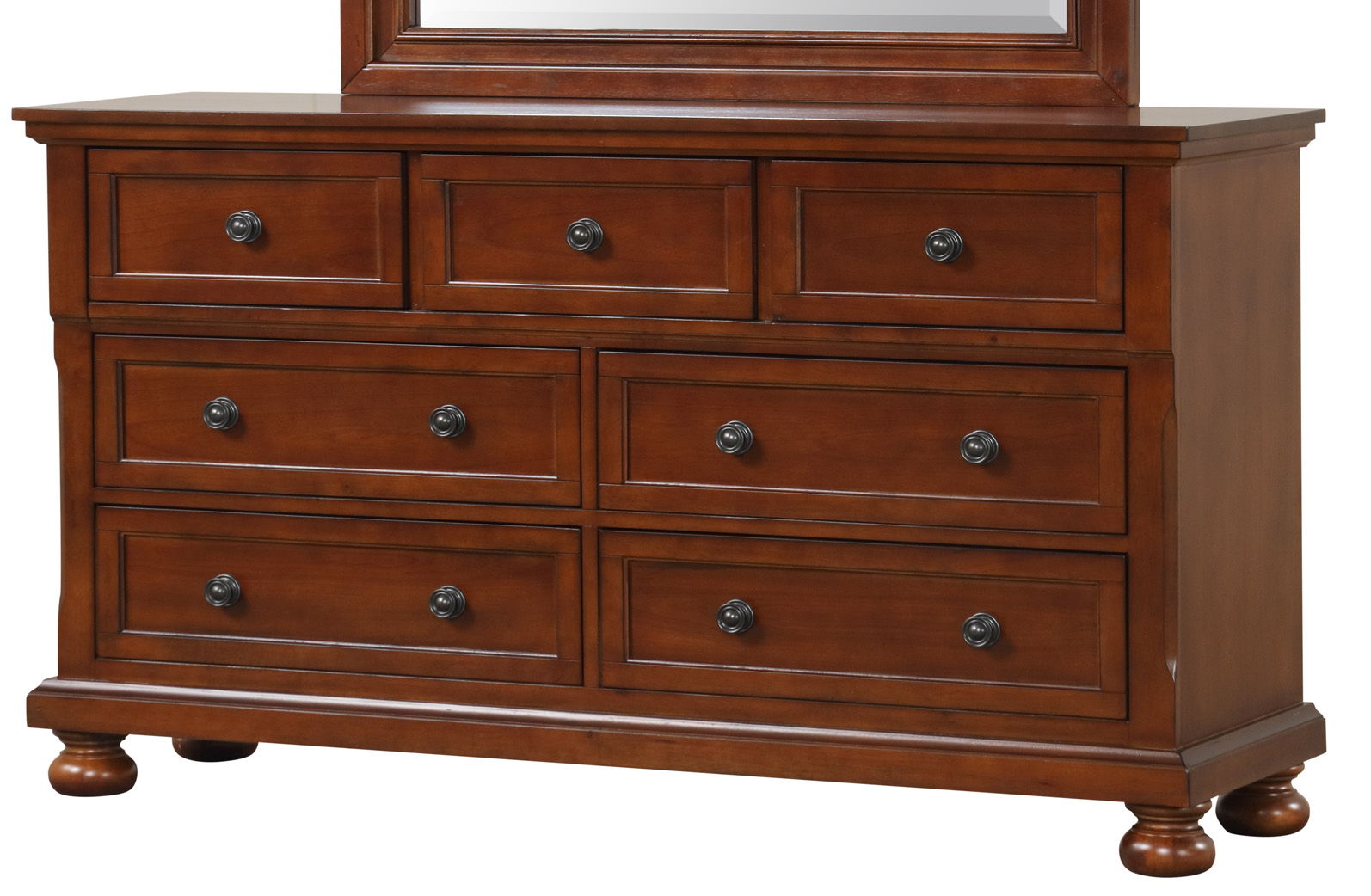 The Meade Dresser in cherry features a polished wooden finish with seven drawers—three small drawers on top and four larger ones below—each adorned with round metal knobs.
