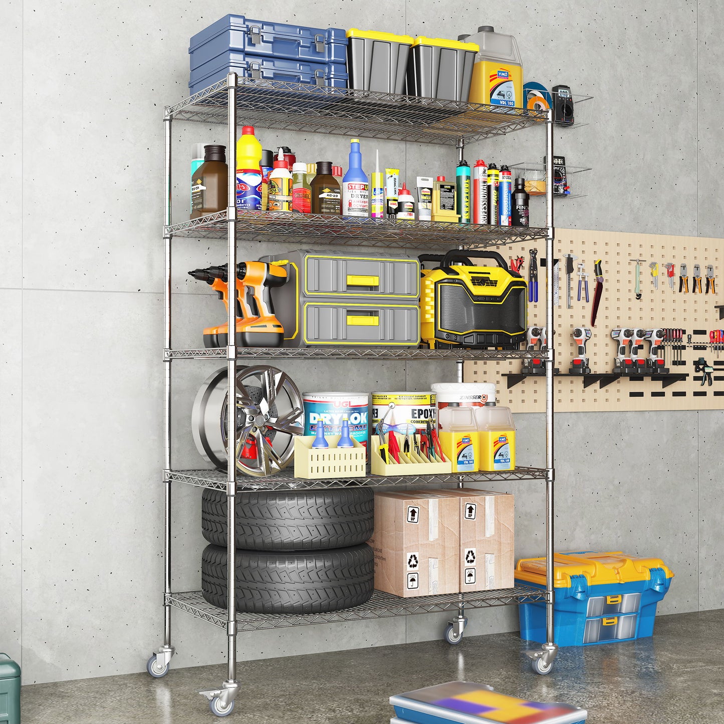 Heavy Duty Adjustable Shelving Unit, 5 Tier Wire Storage Shelves With Wheels - Brushed Nickel
