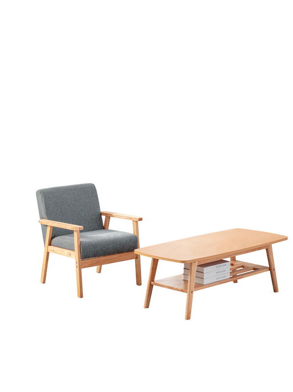 The Bahamas - Coffee Table And Chair (Set of 2) features a light wooden armchair with gray cushions beside a matching rectangular coffee table with a lower shelf, both set against a white background.