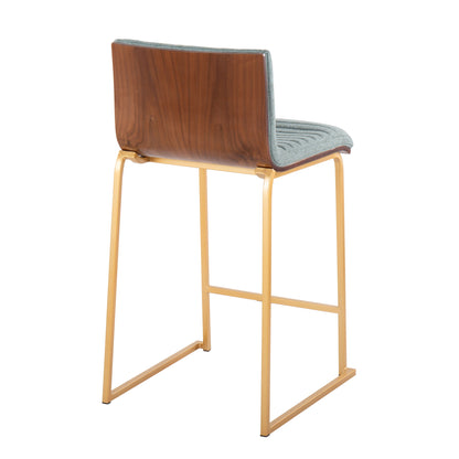 The Mason Mara set of two counter stools features a contemporary design with wooden backrests, upholstered gray seat cushions, and sleek gold metal legs. Viewed from the back at an angle against a white background, the stools highlight their minimalist style.