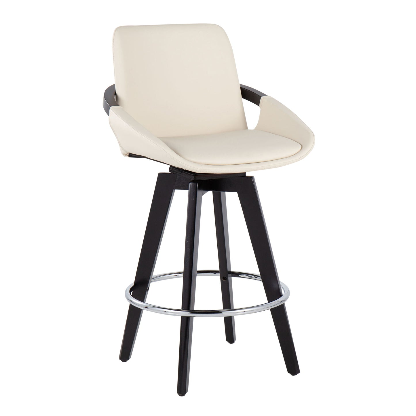 The Cosmo Contemporary Fixed Height Counter Stool (Set of 2) features a swivel cream cushioned seat and backrest, black wooden legs with armrests, and a round metal footrest.