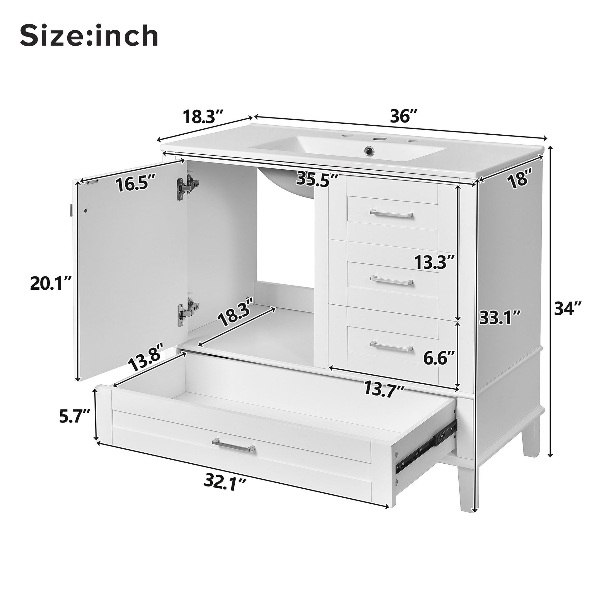 The Bathroom Vanity is a modern cabinet and sink combo set with a solid wood frame, soft-closing door, and 3 drawers. Shown open to reveal storage, it measures 36" wide by 34" tall, with labeled internal compartment dimensions in inches.