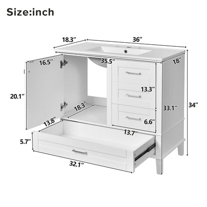The Bathroom Vanity is a modern cabinet and sink combo set with a solid wood frame, soft-closing door, and 3 drawers. Shown open to reveal storage, it measures 36" wide by 34" tall, with labeled internal compartment dimensions in inches.