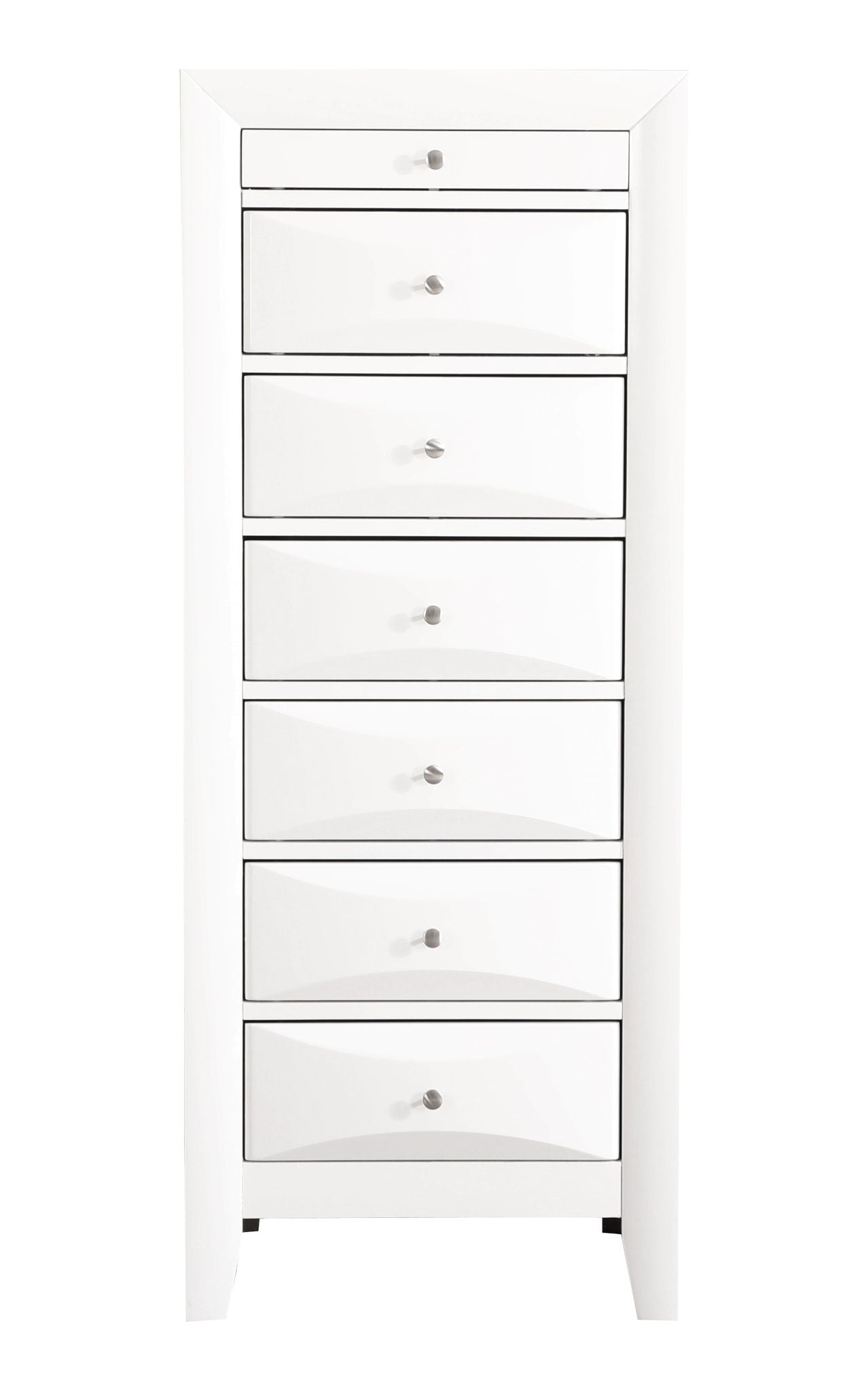 The Marilla - 7 Drawer Lingerie Chest is a tall white dresser with seven drawers, each with a small round silver knob, standing against a plain white background.