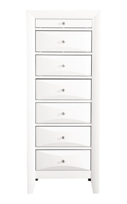 The Marilla - 7 Drawer Lingerie Chest is a tall white dresser with seven drawers, each with a small round silver knob, standing against a plain white background.