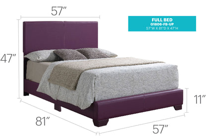 The Elegant Platform Bed For Relaxed Spaces features purple upholstery, a headboard, and is shown with pillows and bedding. Dimensions: 57" W x 81" L x 47" H at headboard, 11" H at base.