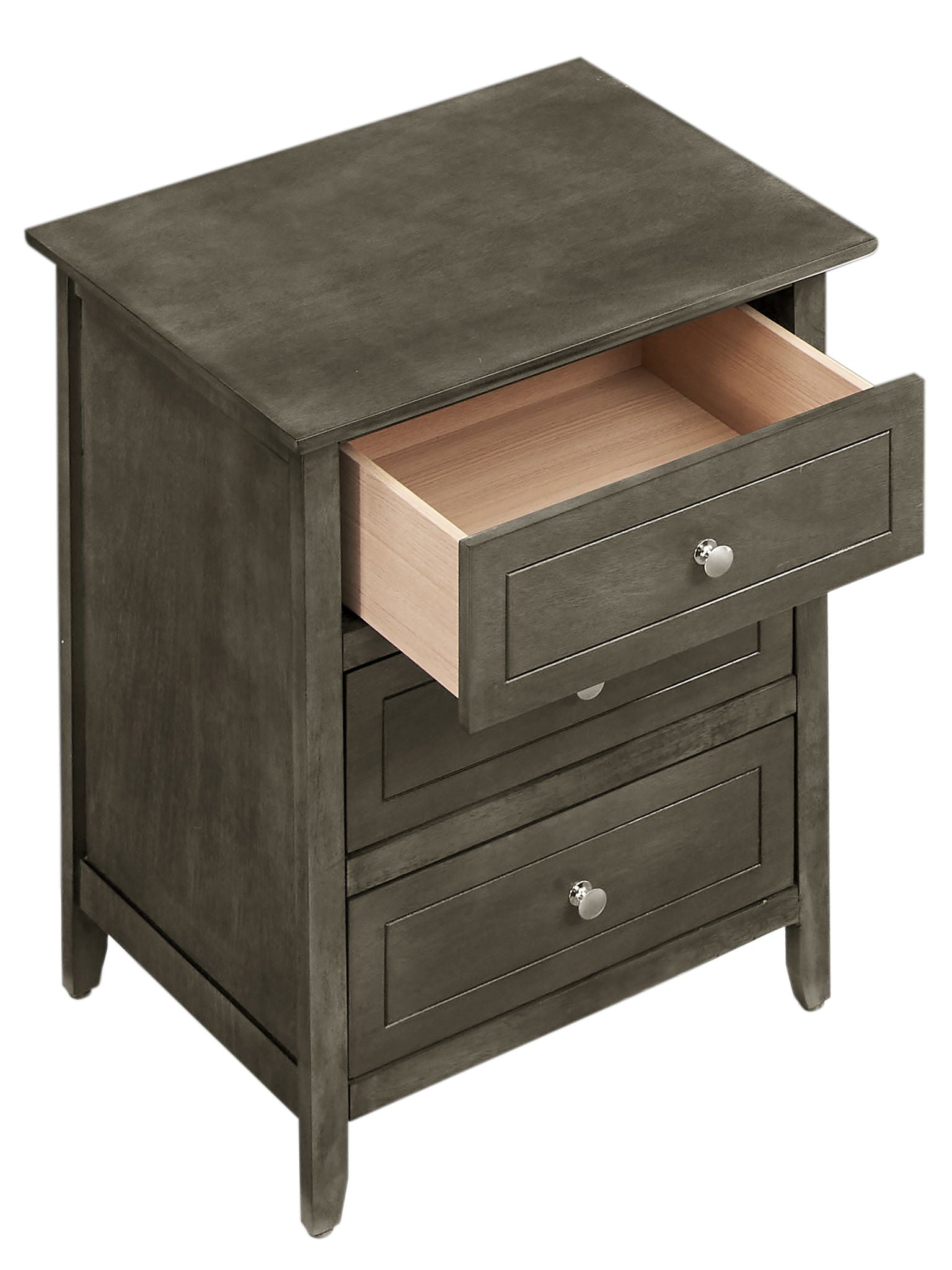 The Daniel - 3 Drawer Nightstand features a dark gray wood finish, three drawers with round metal knobs, an open top drawer revealing a light wood interior, and two lower drawers that are closed.