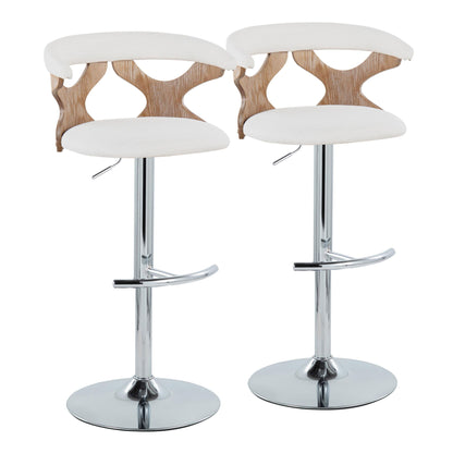 Set of 2 Gardenia contemporary adjustable barstools with white cushioned seats, curved wooden backrests with cut-out designs, swivel function, and chrome-finished bases with rounded T footrests.