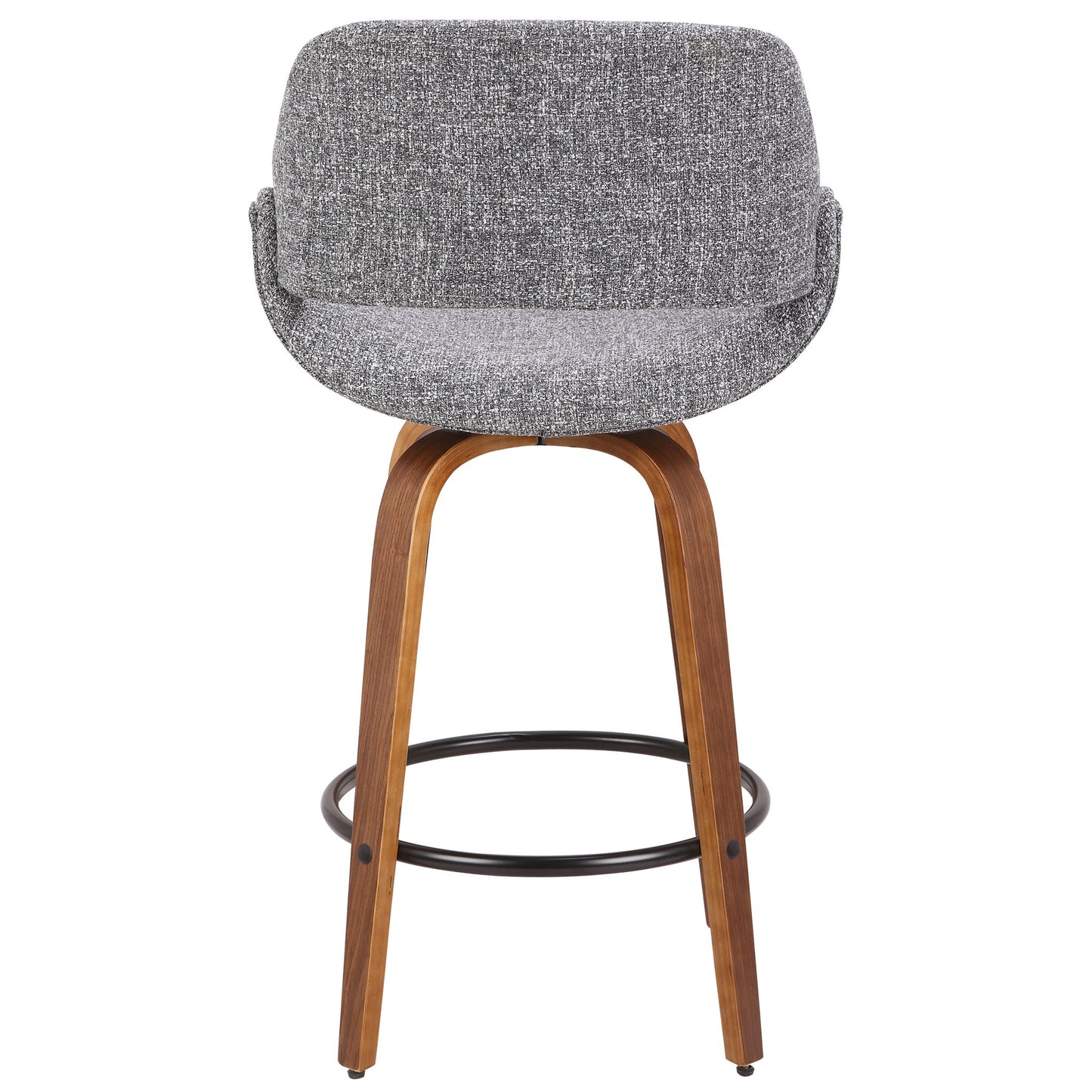 The Fabrico - Mid Century Inviting Design Modern Counter Stool features a curved gray upholstered seat, wooden legs, and a circular black metal footrest, shown from the front.