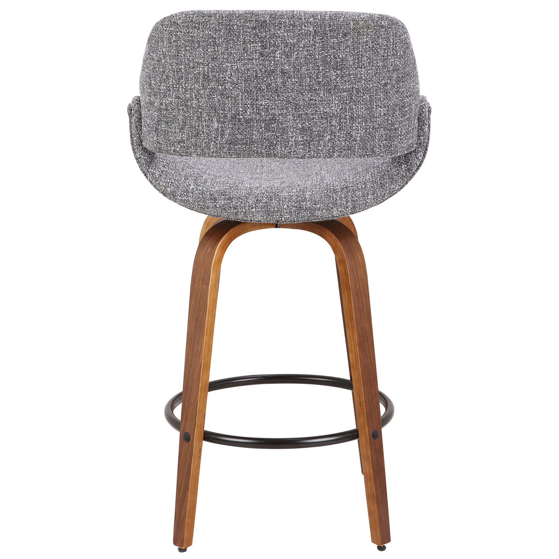 The Fabrico - Mid Century Inviting Design Modern Counter Stool features a curved gray upholstered seat, wooden legs, and a circular black metal footrest, shown from the front.