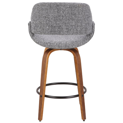 The Fabrico - Mid Century Inviting Design Modern Counter Stool features a curved gray upholstered seat, wooden legs, and a circular black metal footrest, shown from the front.